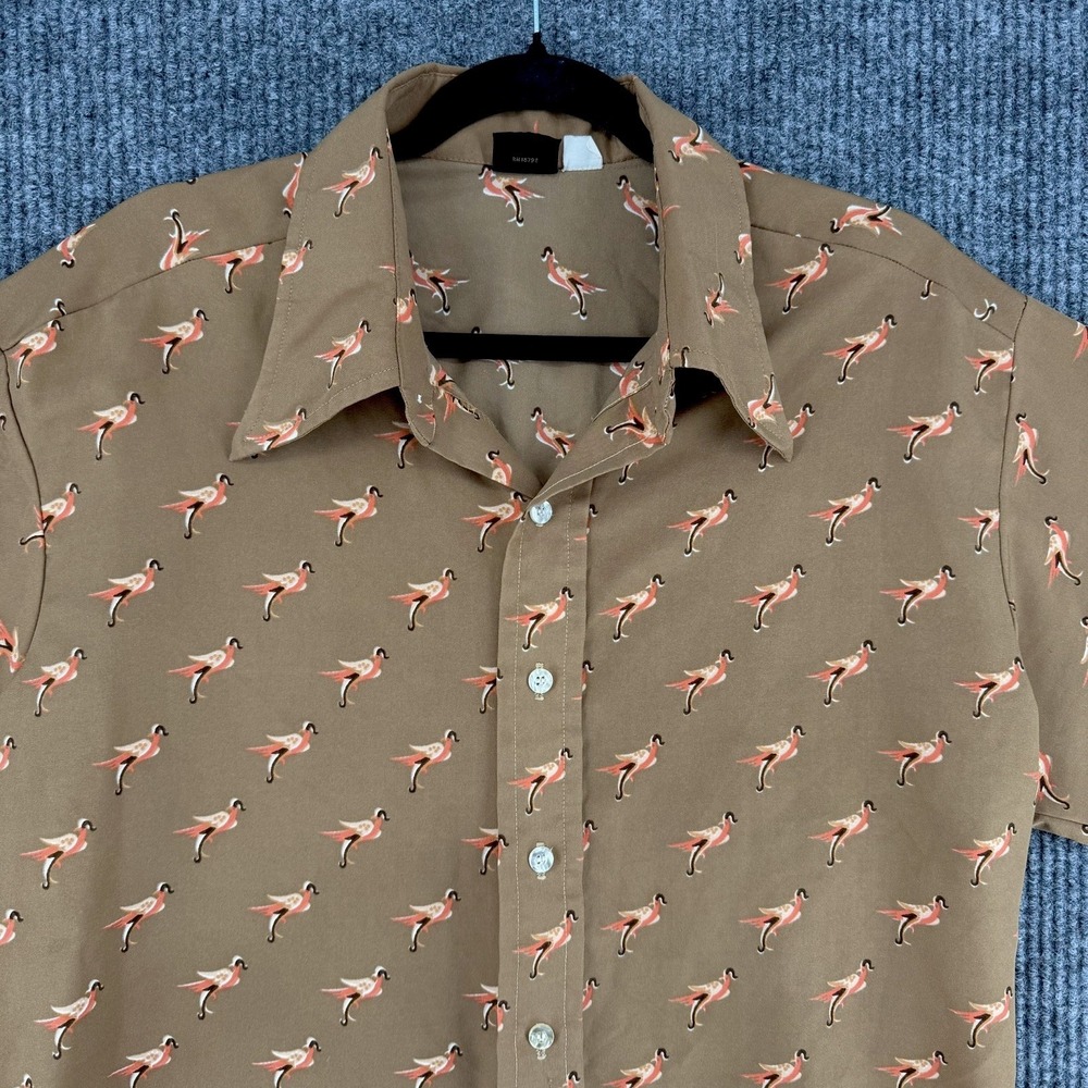 Brag bird print camp shirt men's XL brown pheasant safari nature button up